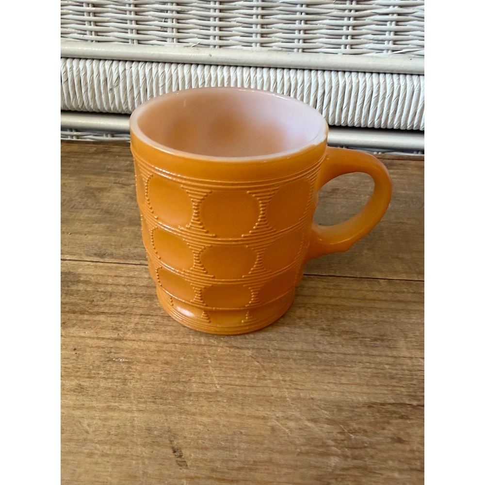 Anchor Hocking Fire-King Orange Luster Moon and Stars Milk Glass Coffee Mug USA